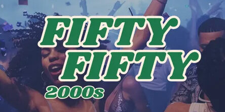 5050_2000erParty Tanzende Frau mit Händen in der Luft und Partytitel: FiftyFifty